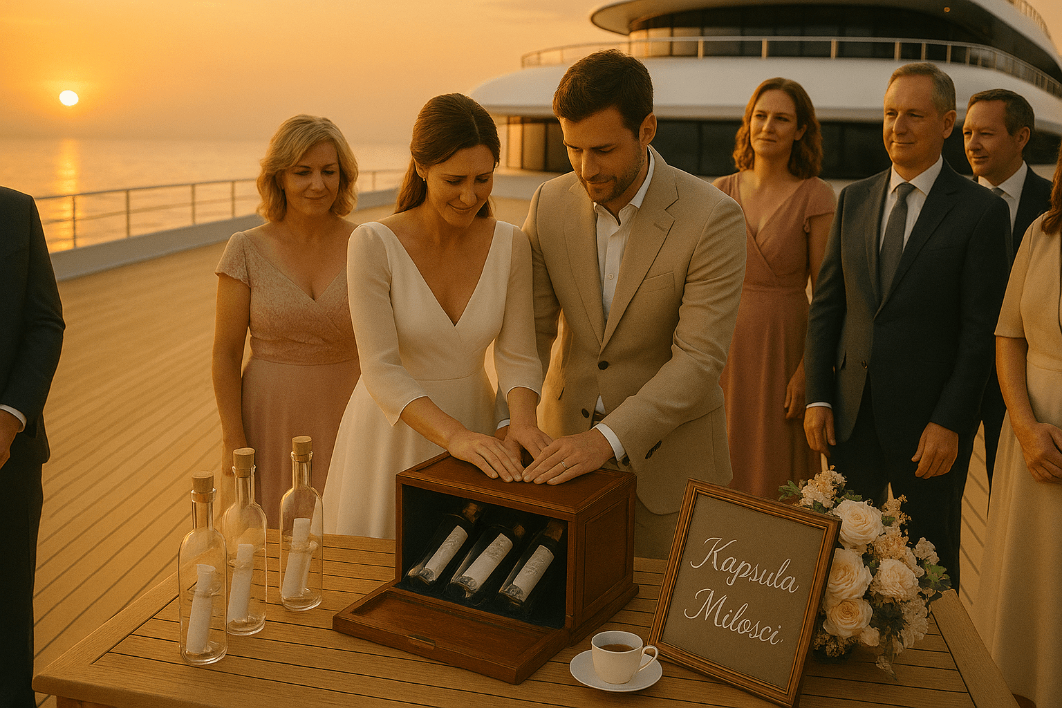 Romantyczna scena ślubna na pokładzie luksusowego megajachtu o zachodzie słońca