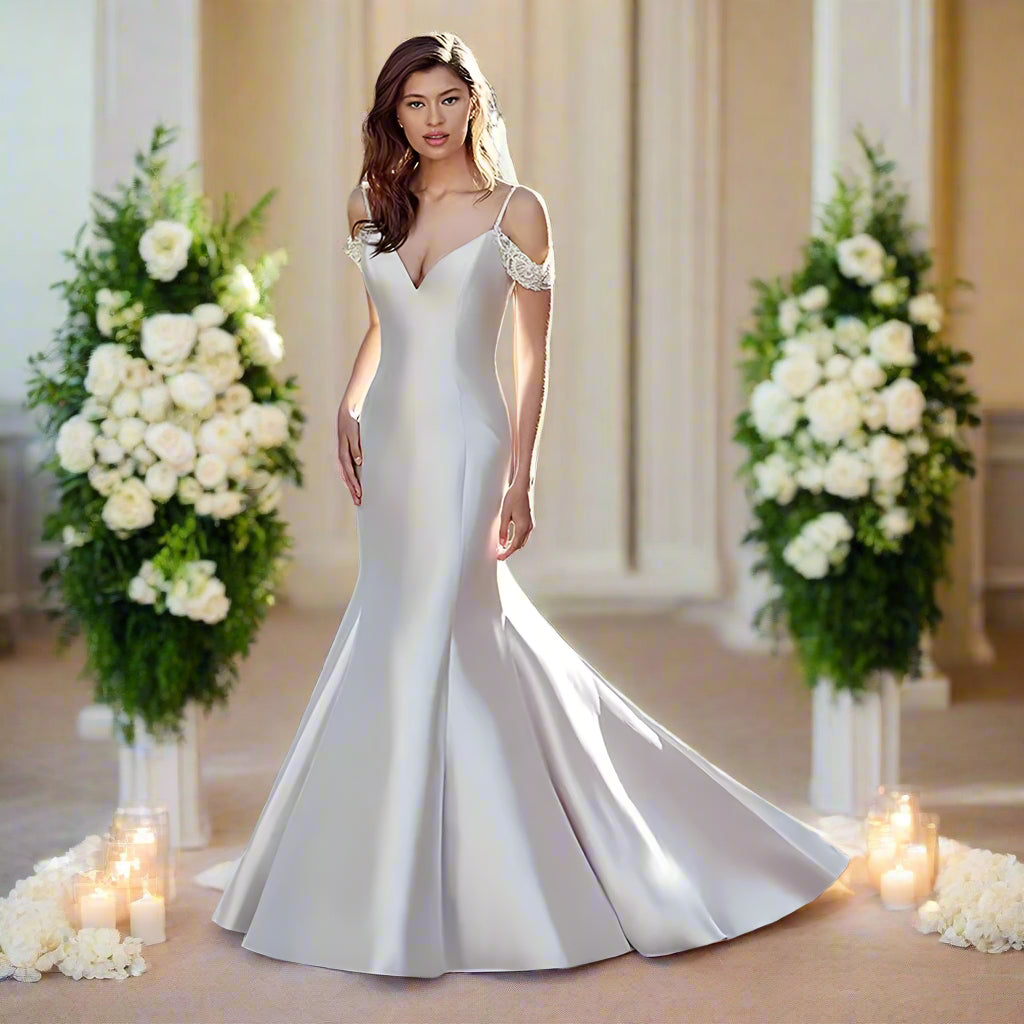 Satin Mermaid Wedding Dress off Shoulder Vestido De Noiva Sereia V-Neck Simple Robe De Mariee Backless Sexy Hochzeitskleid